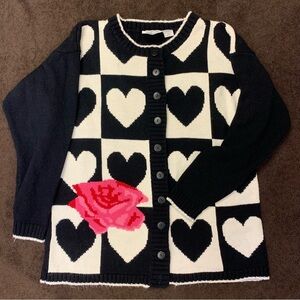 Vintage Black and White Heart Cardigan with Rose Design